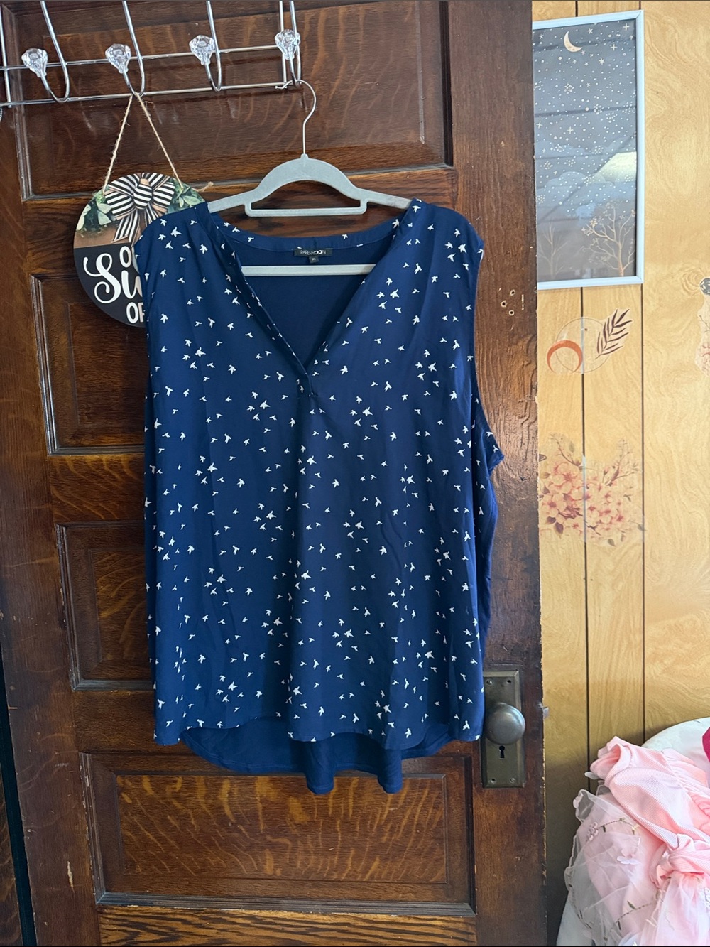 Paper Moon Navy Sleeveless V-Neck Blouse with White Bird Print 3x